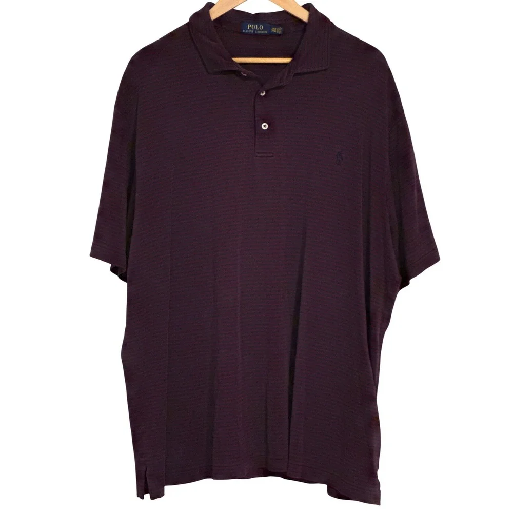 Polo Ralph Lauren Polo Shirt Mens 2XLT Burgundy Navy Blue Striped Performance